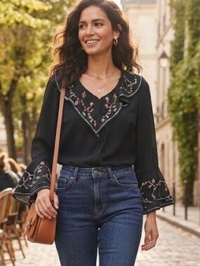 Anne Carson Black Embroidered Ruffle Blouse Bell Statement Sleeves Boho Chic